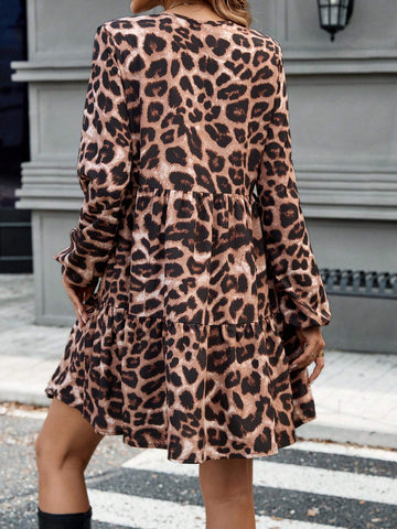 Casual 90s Retro Doll Dress, Brown Leopard Print, Long Sleeve Mini Dress For Women