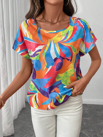 LUNE Casual Abstract Brushstroke Print Batwing Sleeve Blouse