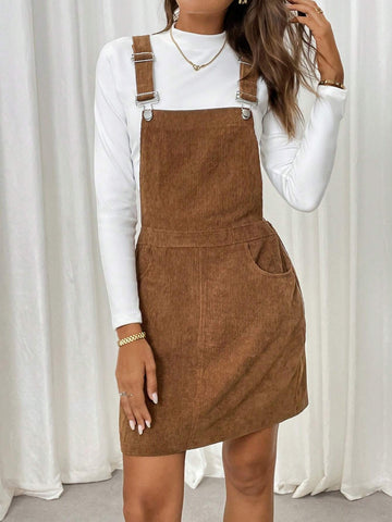 Casual Adjustable Strap Brown Short Dress For Women, Autumn & Winter