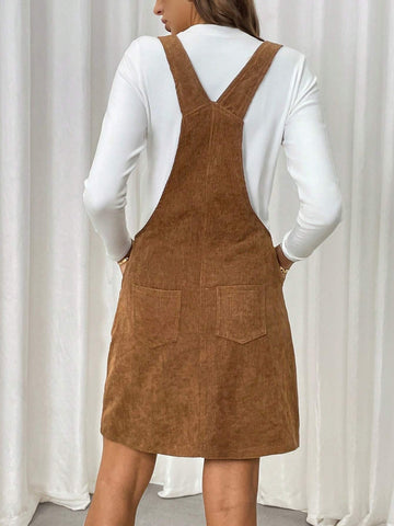 Casual Adjustable Strap Brown Short Dress For Women, Autumn & Winter