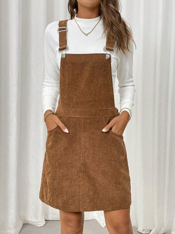 Casual Adjustable Strap Brown Short Dress For Women, Autumn & Winter