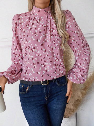 LUNE Casual All-Over Print Stand Collar Lantern Sleeve Shirt, Autumn