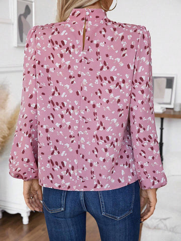 LUNE Casual All-Over Print Stand Collar Lantern Sleeve Shirt, Autumn