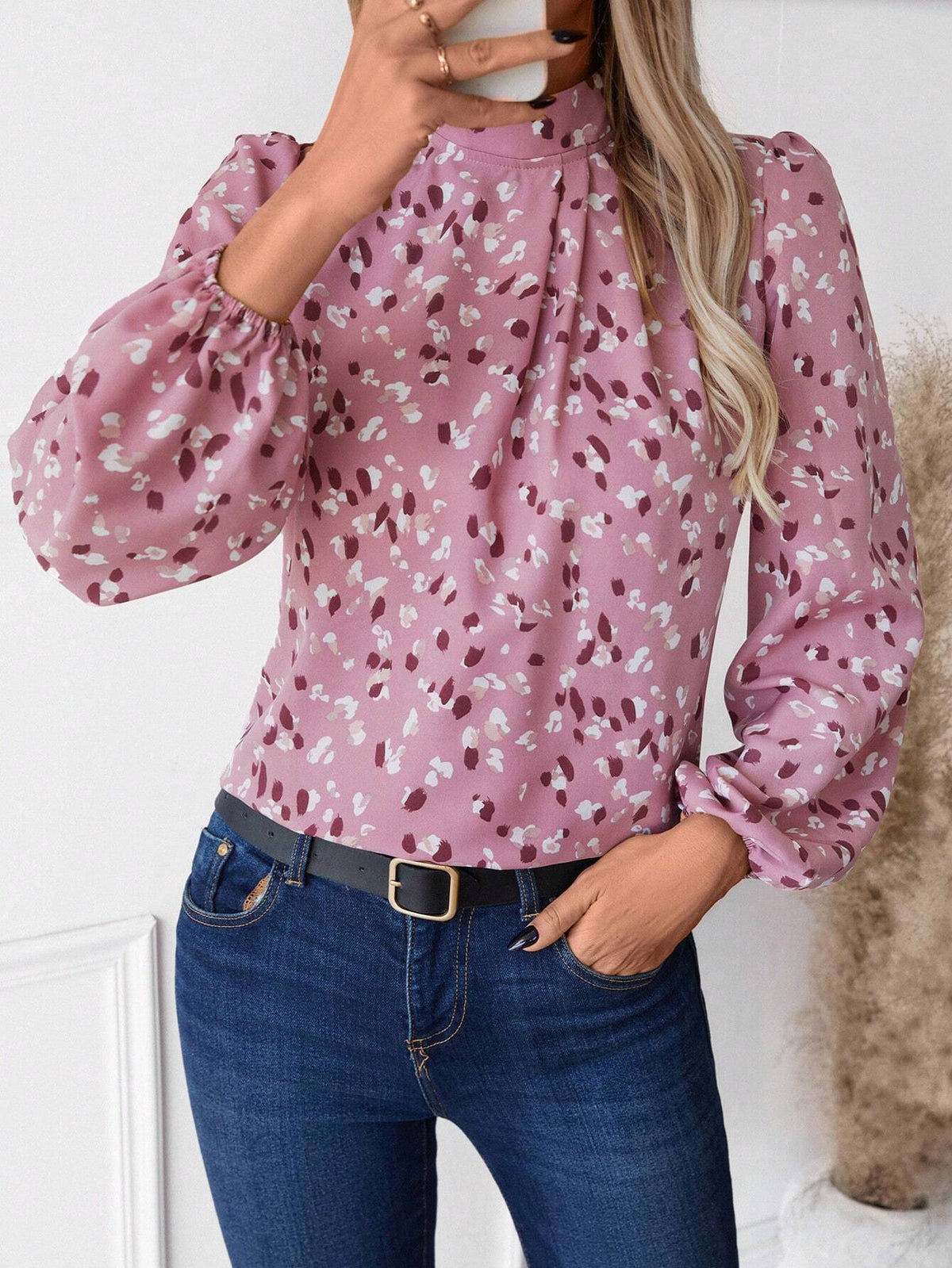 LUNE Casual All-Over Print Stand Collar Lantern Sleeve Shirt, Autumn