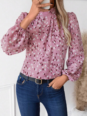 LUNE Casual All-Over Print Stand Collar Lantern Sleeve Shirt, Autumn