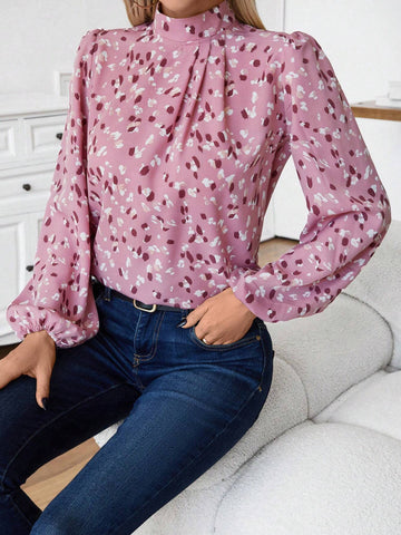 LUNE Casual All-Over Print Stand Collar Lantern Sleeve Shirt, Autumn