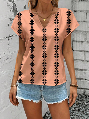 LUNE Casual And Simple Women's V-Neck Shirt With All Over Print, Suitable For Summer