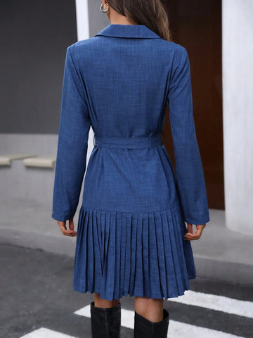 Casual Blue Pleated Shirt Dress For Women Office Uniform, Autumn