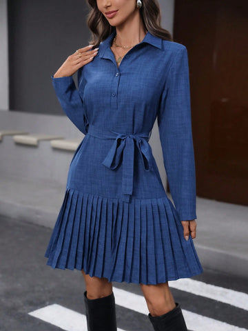 Casual Blue Pleated Shirt Dress For Women Office Uniform, Autumn