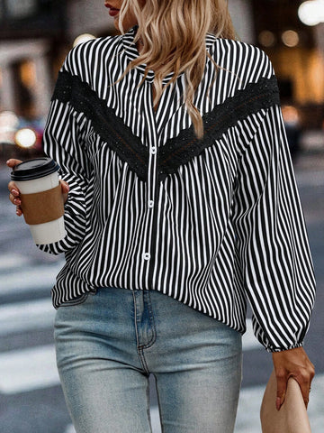 LUNE Casual Colorblock Lace Patchwork Striped Lantern Sleeve Shirt, Autumn