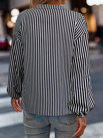 LUNE Casual Colorblock Lace Patchwork Striped Lantern Sleeve Shirt, Autumn