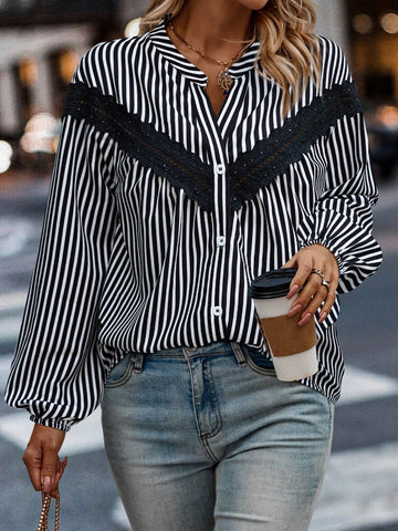 LUNE Casual Colorblock Lace Patchwork Striped Lantern Sleeve Shirt, Autumn