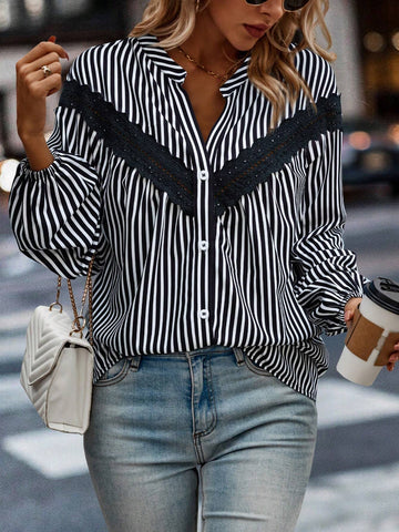 LUNE Casual Colorblock Lace Patchwork Striped Lantern Sleeve Shirt, Autumn