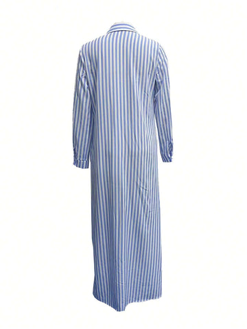 Casual Colorblock Striped Button-Front Maxi Shirt Dress, Spring/Autumn