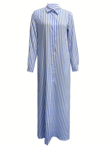 Casual Colorblock Striped Button-Front Maxi Shirt Dress, Spring/Autumn