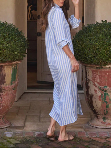 Casual Colorblock Striped Button-Front Maxi Shirt Dress, Spring/Autumn