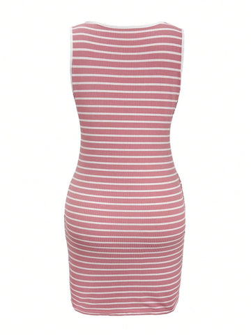 Casual Crew Neck Notch Collar Button Pocket Striped Fitted Knitted Dress