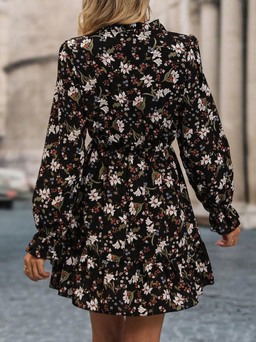 Casual Ditsy Floral Long Sleeve Dress, Autumn