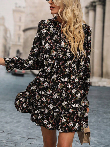Casual Ditsy Floral Long Sleeve Dress, Autumn