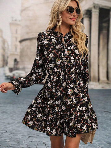 Casual Ditsy Floral Long Sleeve Dress, Autumn