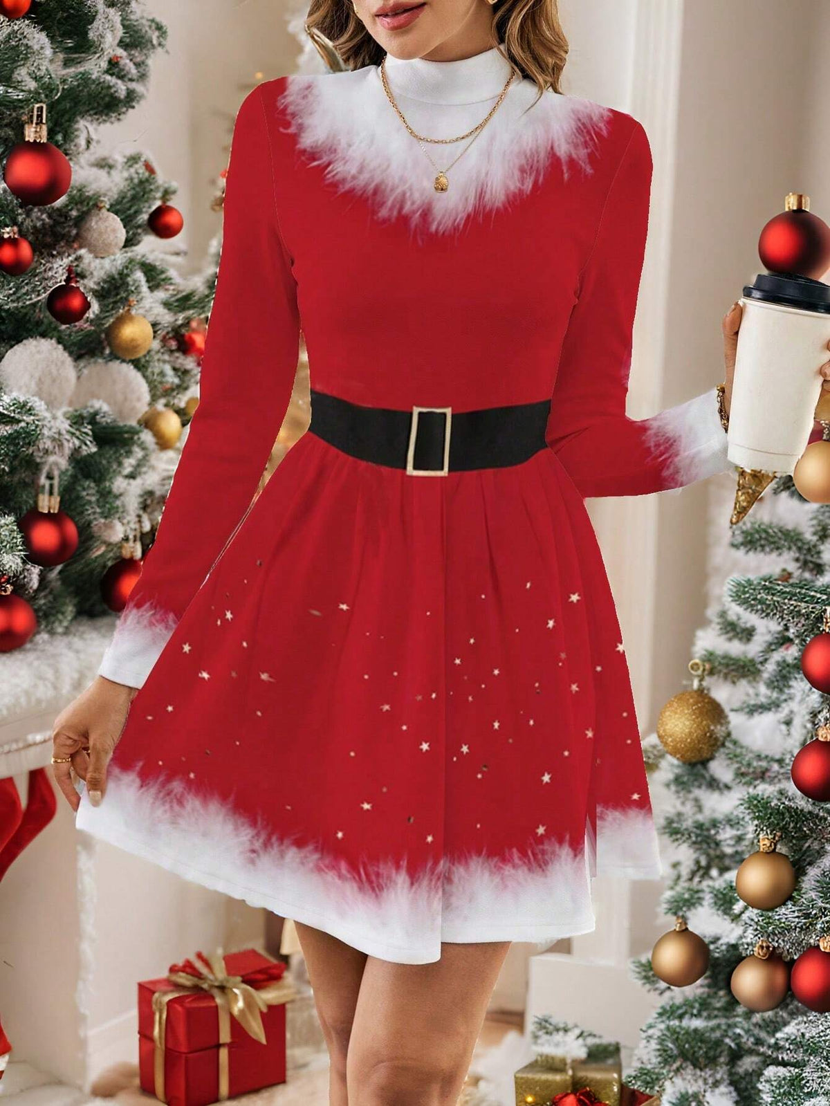 Casual Elegant Red Christmas Fuzzy Collar Patchwork Turtleneck Long Sleeve Ruffled Hem Mini Dress