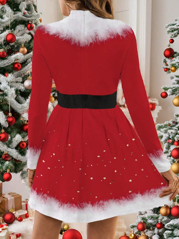 Casual Elegant Red Christmas Fuzzy Collar Patchwork Turtleneck Long Sleeve Ruffled Hem Mini Dress