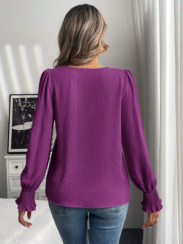 LUNE Casual Elegant Round Neck Solid Color Roll-Up Sleeve Blouse For Autumn