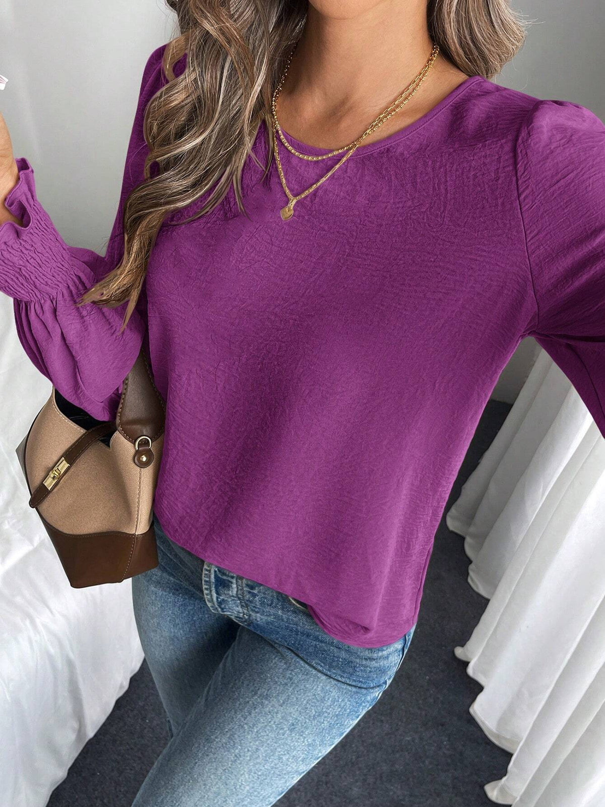 LUNE Casual Elegant Round Neck Solid Color Roll-Up Sleeve Blouse For Autumn