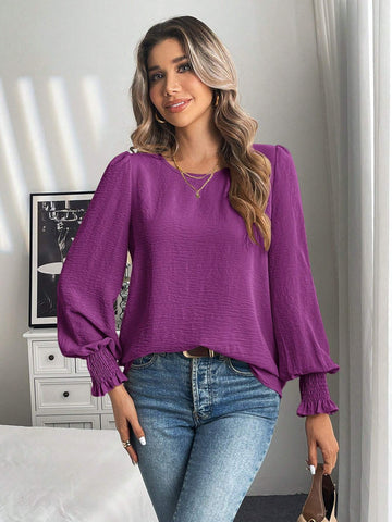 LUNE Casual Elegant Round Neck Solid Color Roll-Up Sleeve Blouse For Autumn