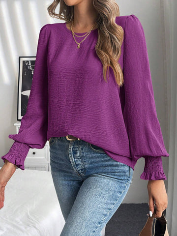 LUNE Casual Elegant Round Neck Solid Color Roll-Up Sleeve Blouse For Autumn