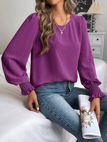 LUNE Casual Elegant Round Neck Solid Color Roll-Up Sleeve Blouse For Autumn