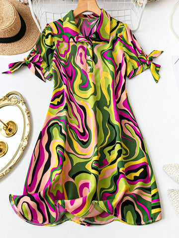 Casual Fit Half Placket Turn-Down Collar Psychedelic Printed Woven Dress