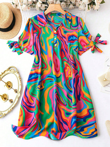 Casual Fit Turn-Down Collar Half-Placket Printed Woven Dress