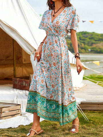 Casual Floral Print V-Neck Waisted Dress