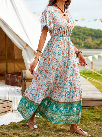 Casual Floral Print V-Neck Waisted Dress
