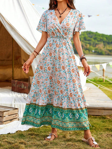 Casual Floral Print V-Neck Waisted Dress