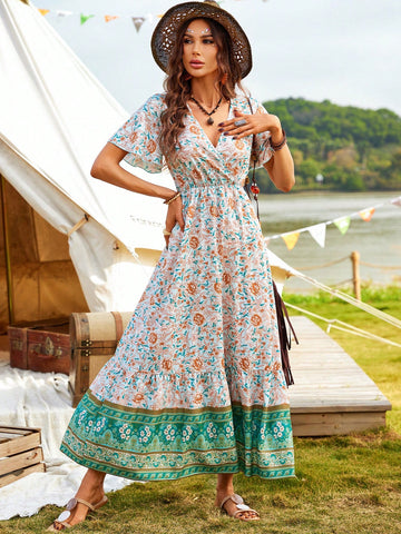 Casual Floral Print V-Neck Waisted Dress