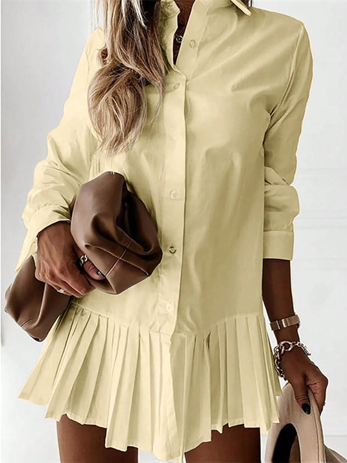Casual Foldable Collar Open Front Button Down Shirt Short Loose Dress For Women