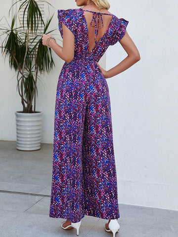 Casual Full Printed V-Neck Jumpsuit With Ruffle & Decorative Edge Design, Wide Leg Style
