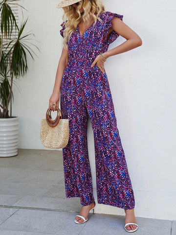 Casual Full Printed V-Neck Jumpsuit With Ruffle & Decorative Edge Design, Wide Leg Style