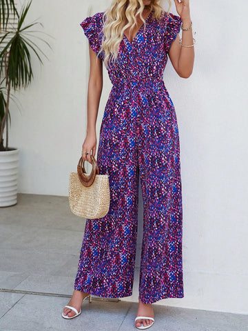 Casual Full Printed V-Neck Jumpsuit With Ruffle & Decorative Edge Design, Wide Leg Style