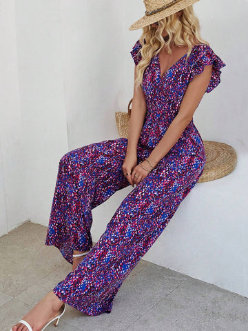 Casual Full Printed V-Neck Jumpsuit With Ruffle & Decorative Edge Design, Wide Leg Style