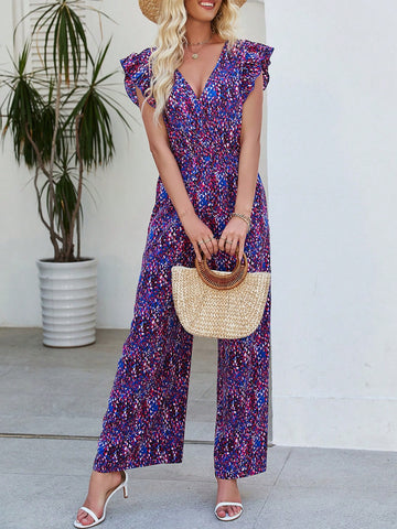 Casual Full Printed V-Neck Jumpsuit With Ruffle & Decorative Edge Design, Wide Leg Style