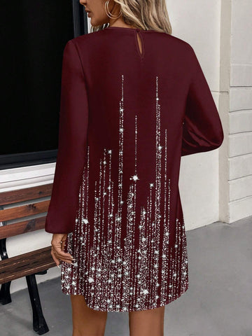 Casual Glitter Print Round Neck Long Sleeve Dress For Women, Spring/Autumn