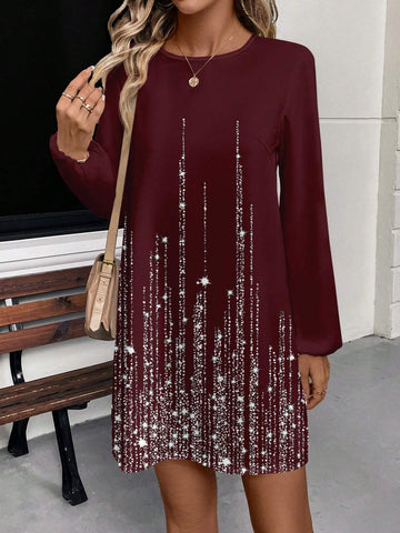 Casual Glitter Print Round Neck Long Sleeve Dress For Women, Spring/Autumn