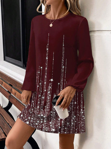 Casual Glitter Print Round Neck Long Sleeve Dress For Women, Spring/Autumn
