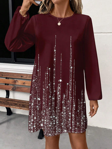 Casual Glitter Print Round Neck Long Sleeve Dress For Women, Spring/Autumn