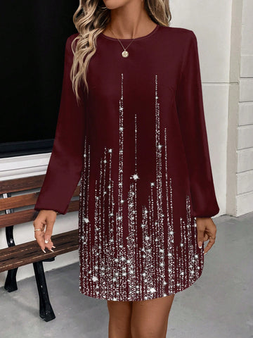 Casual Glitter Print Round Neck Long Sleeve Dress For Women, Spring/Autumn