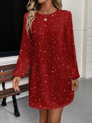 Casual Glittery Pattern Round Neck Long Sleeve Short Women Dress, Suitable For Spring/Autumn