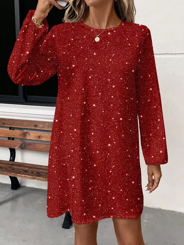 Casual Glittery Pattern Round Neck Long Sleeve Short Women Dress, Suitable For Spring/Autumn